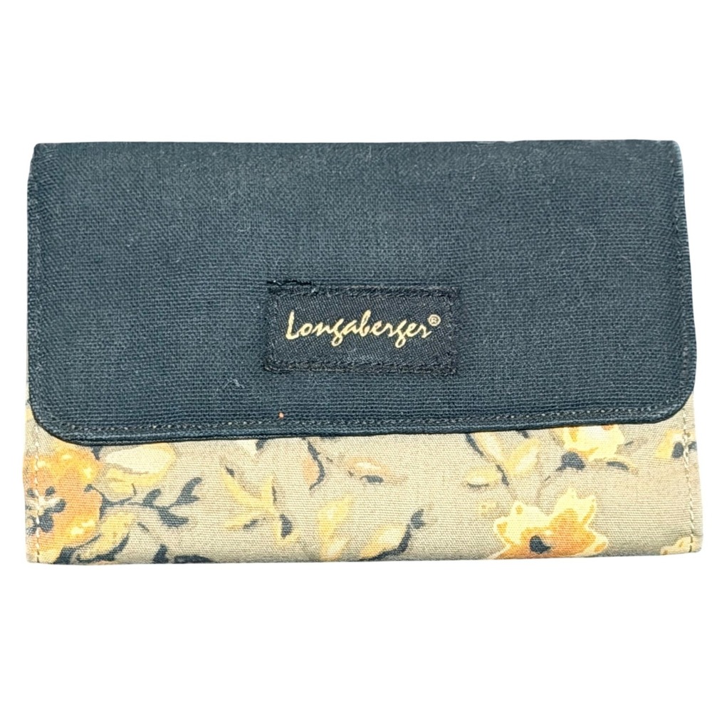 Longaberger Wallet Womens Olive Green Black Canvas Floral Trifold Cottagecore